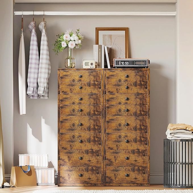 LIKIMIO Tall Dresser, Small Dressers with 8 Storage Drawers, Chest of Drawers for Organizing, Tall Narrow Dresser for Bedroom, Industrial Brown