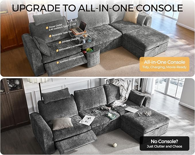Oversized Modular Sectional Sofa with Double Power Recliner, Cloud Reclining Couch with Headrest, Storage Drawer Charging Cup Holders, Deep L-Shaped 6 Seater with Corner, Chenille, Grey