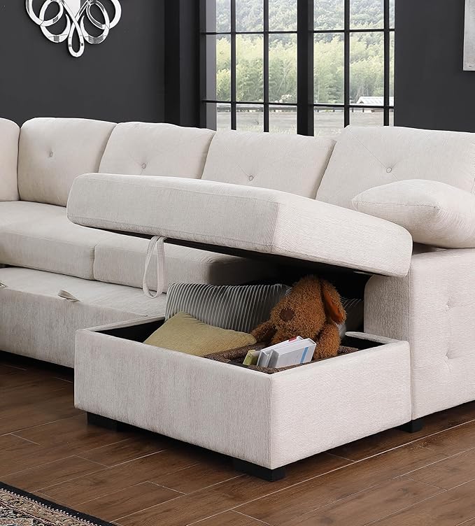 ERYE U-Shaped Pull Out Sleeper Couch Bed, Modern Chenille Upholstered Button Tufted Corner Couch Right Facing Sectional Sleeper Sofa Bed W/Storage Chaise and 2 Pillows