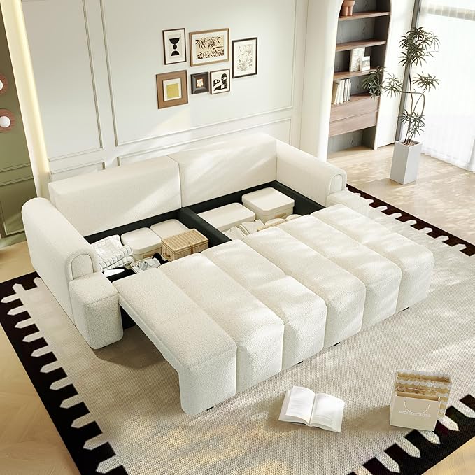KEIKI 90.2" 4-Seater Modern Convertible Sofa Bed – Teddy Fabric Couch with Storage Seats, King Size 3-in-1 Sleeper Sofa for Living Room, Recliner Couch, Comfortable Sofa Bed for Families & Guests