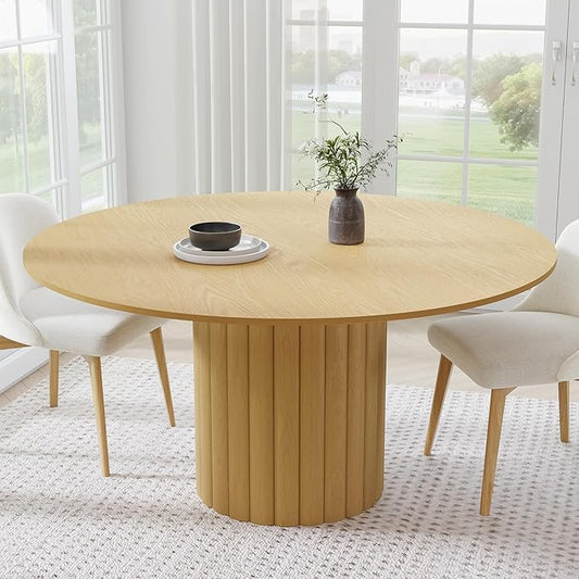 Casaphoria 60" Round Dining Table, Modern Wood Kitchen Table with Cylindrical Wide Bar Protruding Base for Living Room & Dining Room, Easy Assembly Farmhouse Furniture for 4-6, Oak
