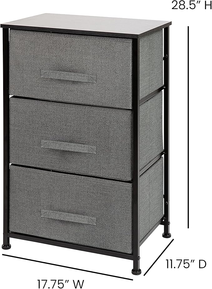Flash Furniture Harris 3 Drawer Storage Dresser - Black Cast Iron Frame and Wood Top - 3 Easy Pull Dark Gray Fabric Drawers
