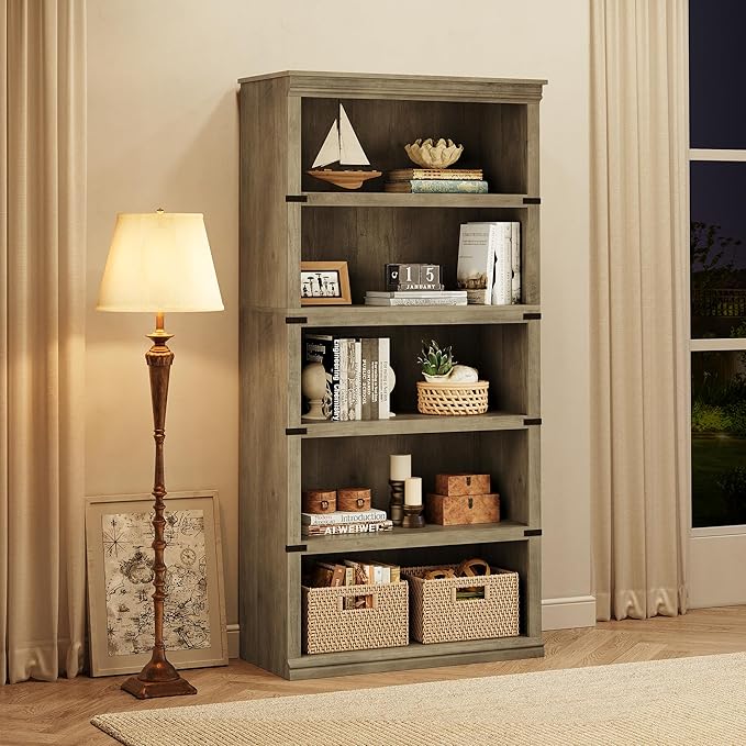 GAOMON 5 Tier Bookcase, Farmhouse Book Shelf with Storage Open Display Bookshelves, 67.4" Tall Book Case Wooden 5 Shelf Bookcase Home Decor Furniture for Home Office, Living Room, Bed Room - Grey