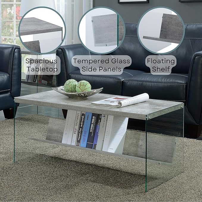 Convenience Concepts SoHo Glass Coffee Table 40" - Modern Living Room Table with Storage Shelf, Contemporary Coffee Table for Family Room, Faux Birch