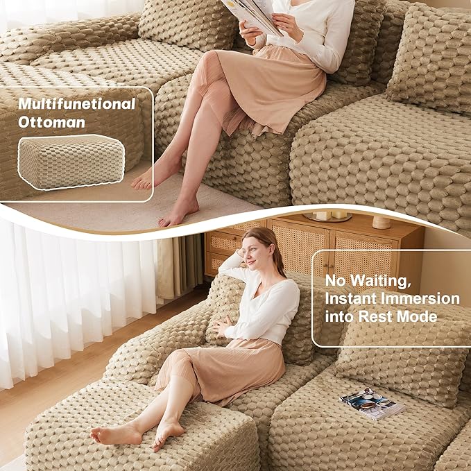KEIKI 146" Oversized 4-Seater Boneless Couches for Living Room, Deep Seat Modular Sectional Velvet Sofa L-Shaped, Cloud Soft Foam No Assembly Family Lounge Couch, Modern Comfort Design, Light Camel