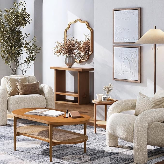 Sonia Bohemian 2-Tier Oval Coffee Table, Living Room Cane Table with Storage Shelf and Mid-Century Legs in Honey Brown Wood with Rattan Accent