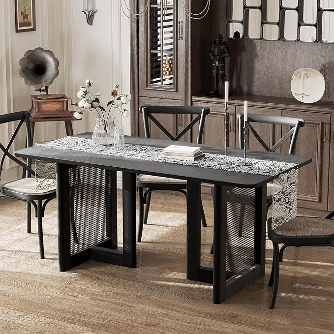 Casaphoria 67" Dining Table, Modern Kitchen Table for 4-6, Farmhouse Style with Rectangular Top & Rattan Legs, Easy Assembly for Living Room, Kitchen, Bar, Black