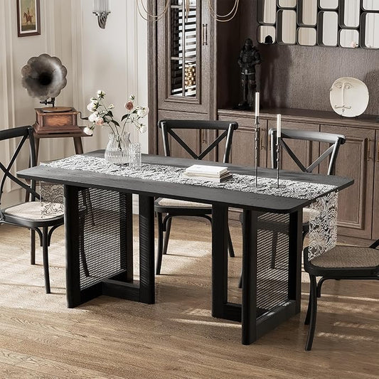 Casaphoria 67" Dining Table, Modern Kitchen Table for 4-6, Farmhouse Style with Rectangular Top & Rattan Legs, Easy Assembly for Living Room, Kitchen, Bar, Black