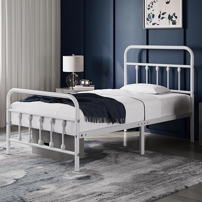 Yaheetech Classic Metal Platform Bed Frame Mattress Foundation with Victorian Style Iron-Art Headboard/Footboard/Under Bed Storage/No Box Spring Needed/Twin Size White
