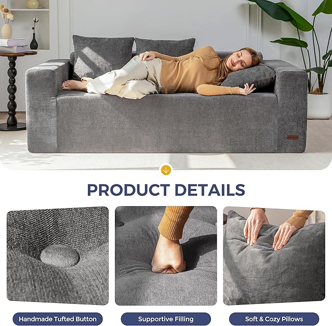MAXYOYO Modular Sofa Couch, 75" Oversized Loveseat Boneless Cloud Couch with Deep Seat, Chenille Upholstered Living Room Sleeper Sofa Chair for Living Room, No Assembly Required, Light Grey