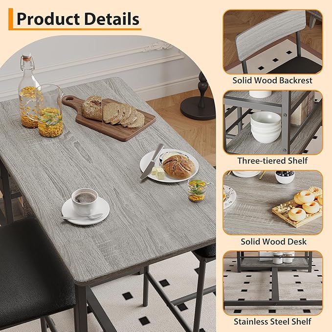 GAOMON 3-Piece Bar Table Set with 2 Upholstered Stools, Space-Saving Counter Height Dining Set with 3-Tier Storage Shelves,Sturdy Steel Frame, Easy Assembly for Small Kitchens, Retro Grey
