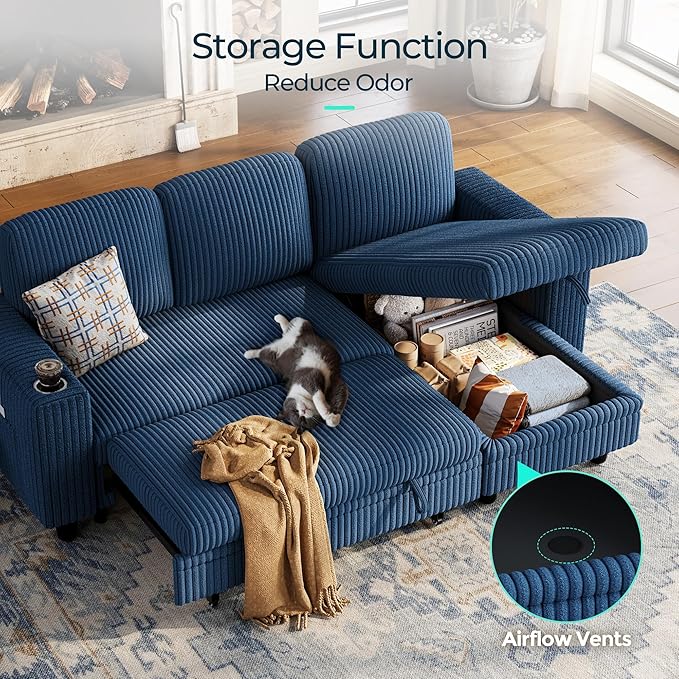 LINSY HOME Sectional Sleeper Sofa with Pull Out Couch Bed Convertible Plush Corduroy Cloud Couch with Storage Chaise & USB Charging, Comfy L Shaped Modular Couches for Living Room Apartment (Blue) | Pull Out Sofa Bed, Storage, USB Charging, Cup Holders...