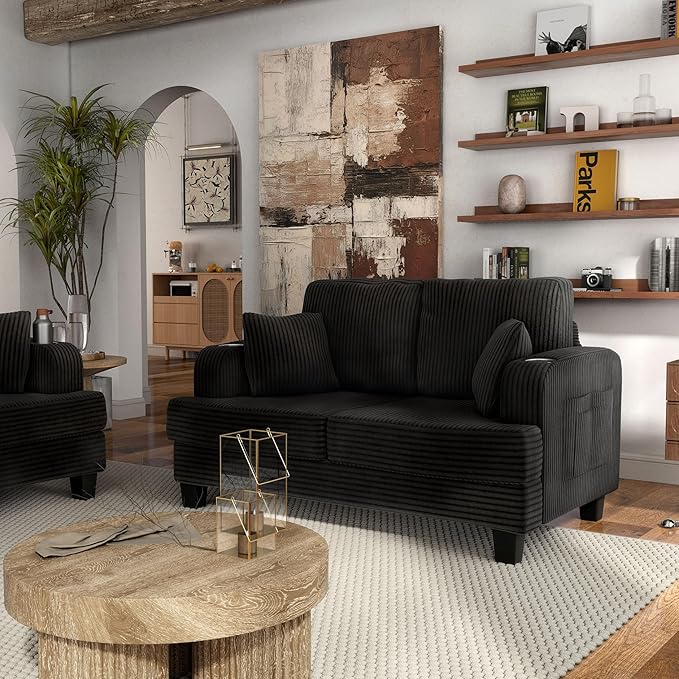 Homes: Inside + Out Reese Modern Plush Chenille Comfortable Loveseat with Side Pockets, Cup Holders and Pillows, Wooden Soft Couch for Living Room, Bedroom and Office, Black