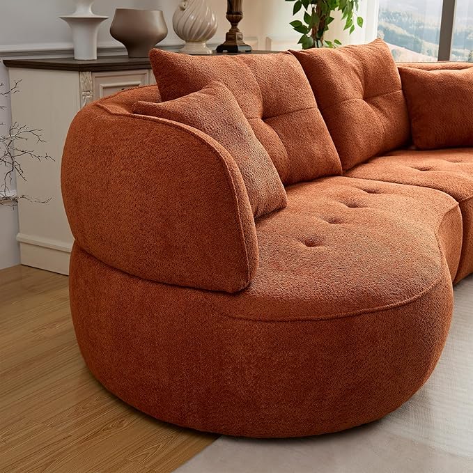 109" Sectional Curved Sofa, Boucle Fabric Upholstered Modern Couch, Oversized 3 Seater Minimalist Comfy Modular Deep Seat Sofas Set for Living Room, Home Office, Bedroom, Guestroom, Orange