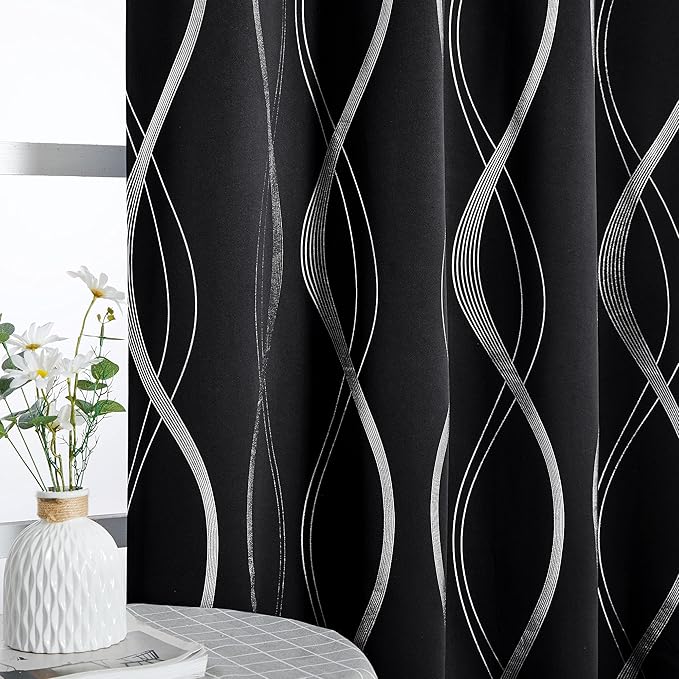 NICETOWN Black Out Window Curtains for Bedroom, Microfiber Noise Reducing Thermal Insulated Wave Line Foil Print Design Blackout Curtains for Office, Classroom (2 Panels, 52 x 54 Inch)