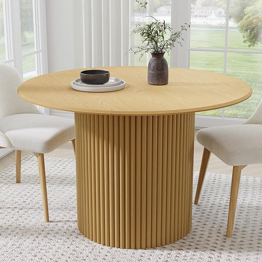 Casaphoria 46" Round Dining Table, Modern Wood Kitchen Table with Cylinder Stripe Base for Living Room & Dining Room, Easy Assembly Farmhouse Furniture for 4-6, Oak