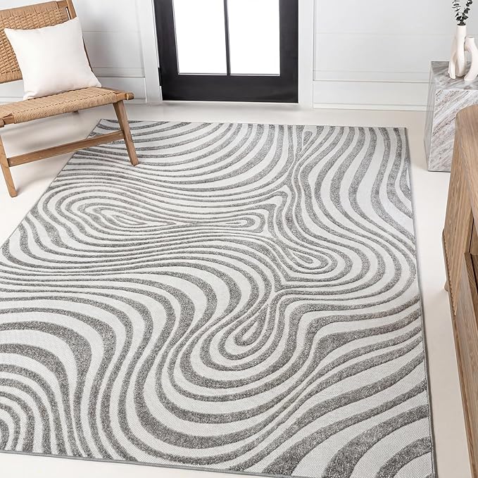 JONATHAN Y Maribo High-Low Abstract Striped Gray/Ivory 9x12 Indoor/Outdoor Area Rug, Pet Friendly, Non-Shedding, Stain Resistant, Easy-Cleaning for Backyard, Patio, Porch (SCN103B-9)