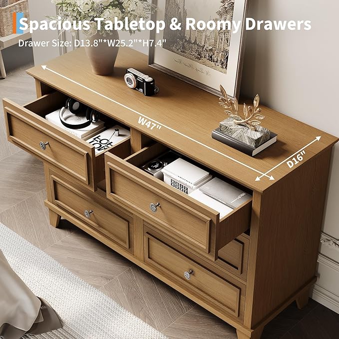 IDEALHOUSE 6 Drawer Dresser, Wooden Storage Chest of Drawers with Exquisite Metal Handles, Large Wide Dresser TV Stand, Modern Drawer Organizer for Bedroom, Living Room, Hallway, Entryway, Brown