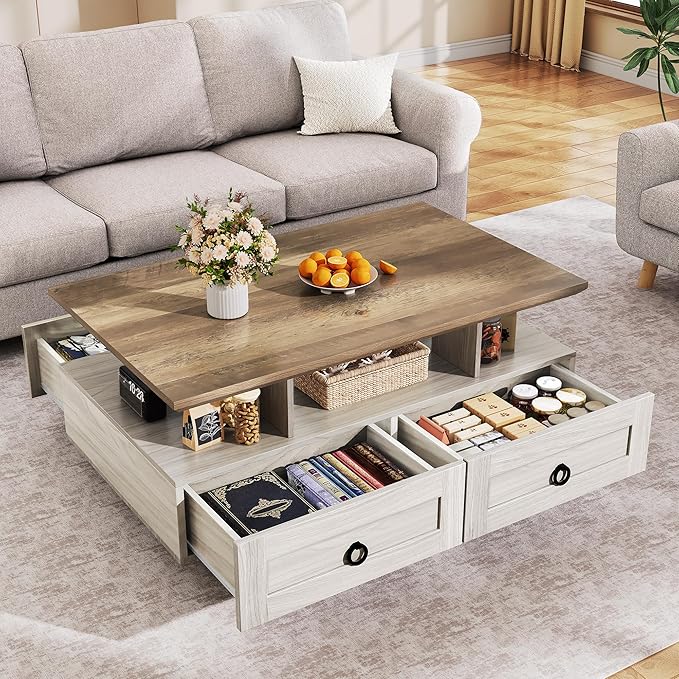 YITAHOME Farmhouse LED Coffee Table with Storage 4 Drawers, Wood Coffee Tables for Living Room, 2 Tiers Open Display Area with Metal Chic Handles, Industrial Cocktail Center Table, Brown and Oak