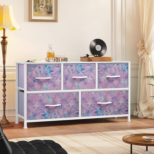 YITAHOME Wide Storage Tower with 5 Drawers - Purple Fabric Dresser, Organizer Unit for Bedroom, Living Room, Closets - Sturdy Steel Frame, Easy Pull Fabric Bins & Wooden Top