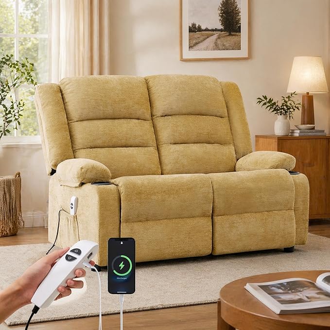 52Inch Power Loveseat Recliner,Electric Reclining Loveseat Sofa,Adjustable Love seat Recliner Sofa for Living Room,Bedroom with Charging Ports (Yellow)