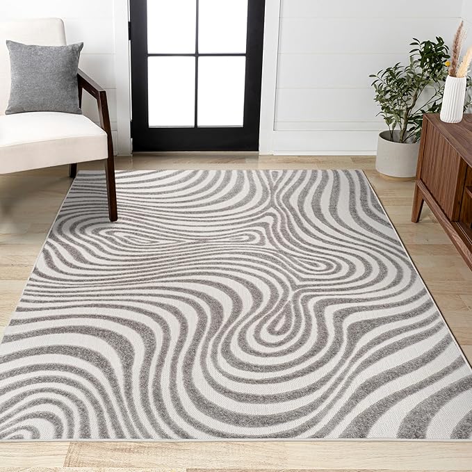 JONATHAN Y Maribo High-Low Abstract Striped Gray/Ivory 12x18 Indoor/Outdoor Area Rug, Pet Friendly, Non-Shedding, Stain Resistant, Easy-Cleaning for Backyard, Patio, Porch (SCN103B-18)