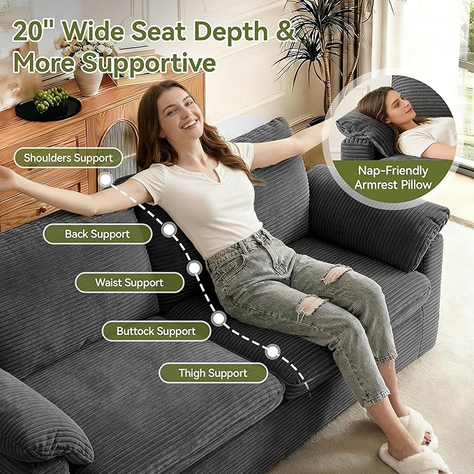 86" Loveseat Sofa Grey Corduroy Couch,Modern Cloud Sofa Love Seat, Deep Seat Slipcovered Sofa with 2 Wide Armrest Pillows for Small Spaces Apartment Studio Office Bedroom Living Room