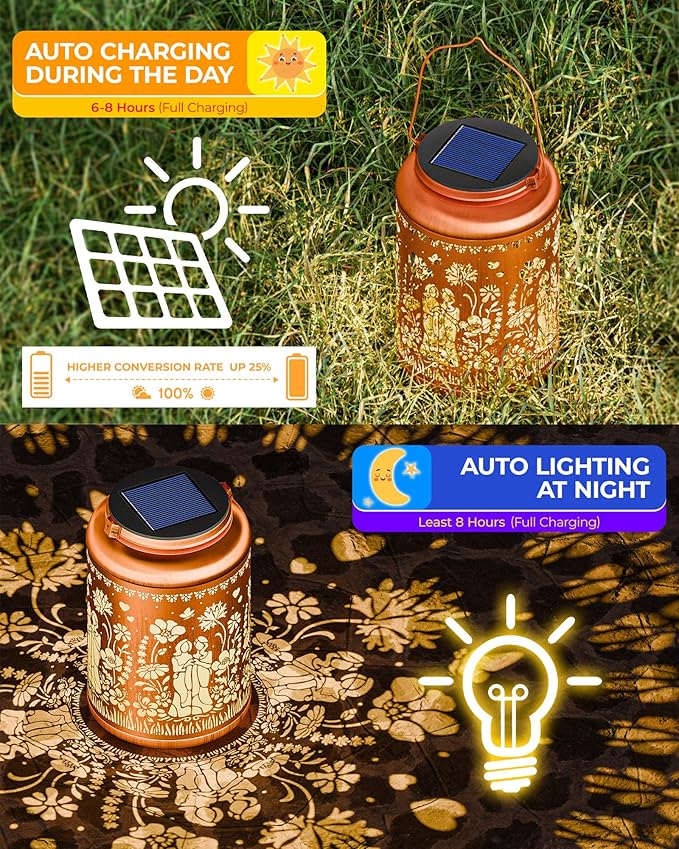 Solar Lanterns Outdoor Waterproof Decorative Garden Solar Lights Outdoor,Hanging Hollow Out Metal Ornaments Decor for Outside Lawn,Patio,Balcony,Yard Unique Gifts for Women Best Sister 2