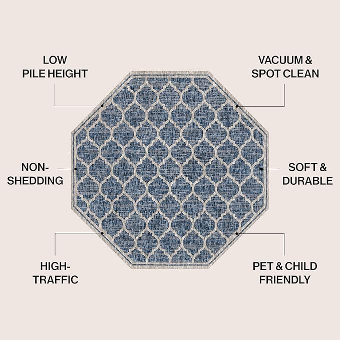 JONATHAN Y Moroccan Trellis Indoor Outdoor Octagon Area Rug 8 Ft Navy/Gray, Trebol Textured Weave for Backyard, Patio, Porch, Easy-Cleaning, High Traffic, Pet-Friendly, Non-Shedding (SMB109D-8TGN)