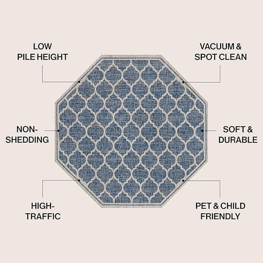 JONATHAN Y Moroccan Trellis Indoor Outdoor Octagon Area Rug 8 Ft Navy/Gray, Trebol Textured Weave for Backyard, Patio, Porch, Easy-Cleaning, High Traffic, Pet-Friendly, Non-Shedding (SMB109D-8TGN)