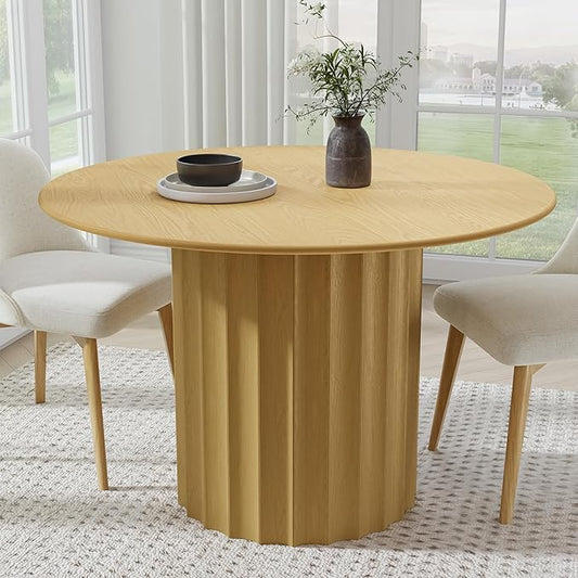 Casaphoria 46" Round Dining Table, Modern Wood Kitchen Table with Cylindrical Wide Bar Concave Base for Living Room & Dining Room, Easy Assembly Farmhouse Furniture for 4-6, Oak