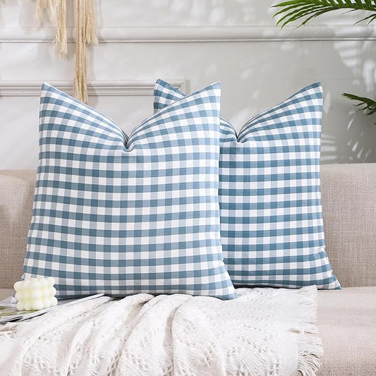 CARRIE HOME Light Blue Farmhouse Buffalo Plaid Pillow Covers 18x18 Set of 2 Patio Outdoor Decor Neutral Checkered Pillow Covers 18 x 18, Blue and White Gingham