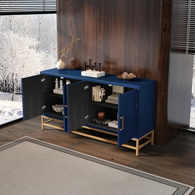 Ball & Cast 59.8" Sideboard Buffet Cabinet with Storage,Modern Coffee Bar Cabinet with 4 Doors and Adjustable Shelves,Wood Side Board Table with Gold Handles & Metal Legs for Living Room, Kitchen,Navy