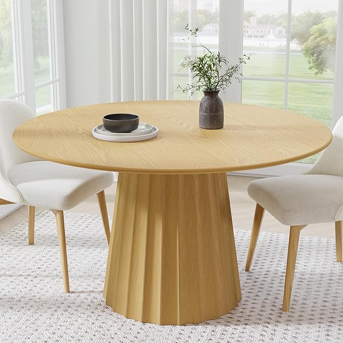Casaphoria 52" Round Dining Table, Modern Wood Kitchen Table with Cone Shaped Strip Concave Base for Living Room & Dining Room, Easy Assembly Farmhouse Furniture for 4-6, Oak