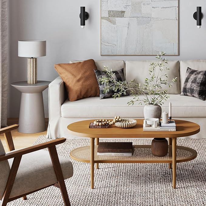 Sonia Bohemian 2-Tier Oval Coffee Table, Living Room Cane Table with Storage Shelf and Mid-Century Legs in Honey Brown Wood with Rattan Accent
