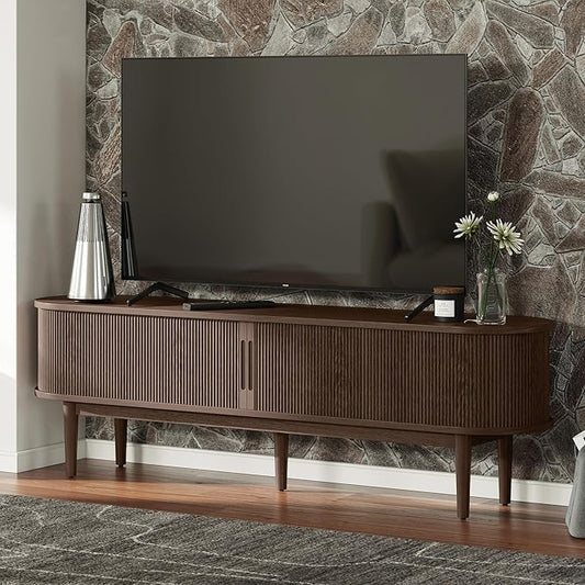 LINSY HOME 58" Fluted TV Stand for TVs up to 65 Inch, Mid Century Modern Entertainment Center with Storage Cabinet and Sliding Doors, Farmhouse Wood Media TV Console for Living Room, Bedroom, Walnut