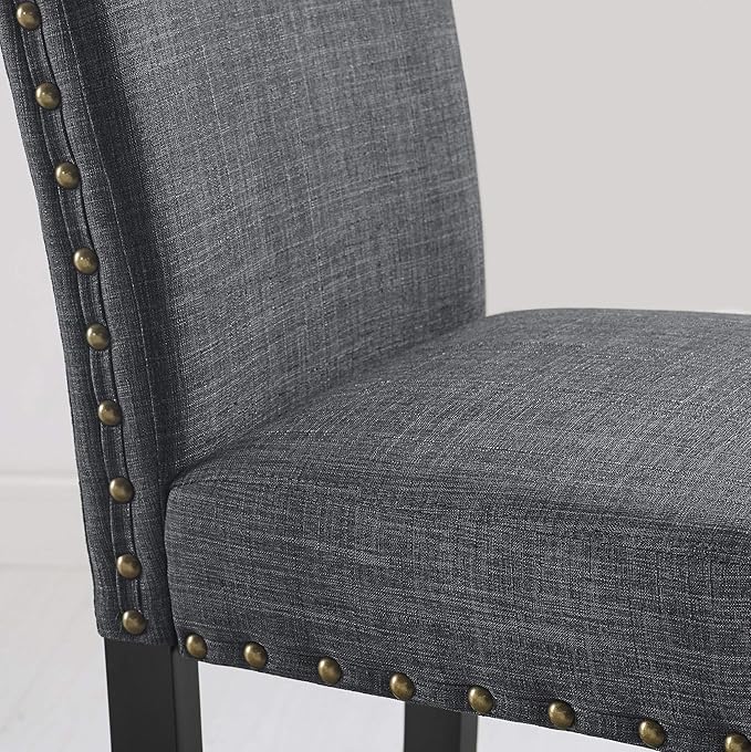 Roundhill Furniture Biony Gray Fabric Dining Chairs with Nailhead Trim, Pack of 2 Biony Fabric Dining Bench with Nailhead Trim, Grey
