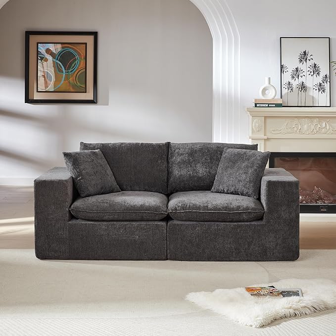 78-Inch Boneless Love Seat Couches in a Box, Modern 2 Seat Floor Modular Foam Cloud Sofa Chenille Loveseat Couch W/Wide Square Armrests for Home Apartments Bedroom