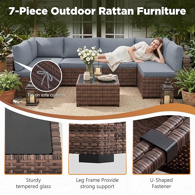 LHBcraft 7 Pieces Outdoor Wicker Rattan Patio Furniture, Wicker Rattan Outdoor Sectional Sofa Set with Coffee Table & Blue Cushions for Garden, Poolside