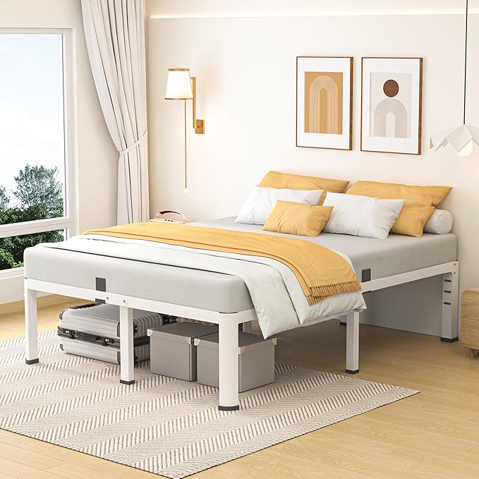 12 Inch Queen Bed Frame, Metal Platform Bed Frame with Round Corner Legs, 3500 lbs Heavy Duty Steel Slats Support, No Box Spring Needed, Noise Free, Easy Assembly, White