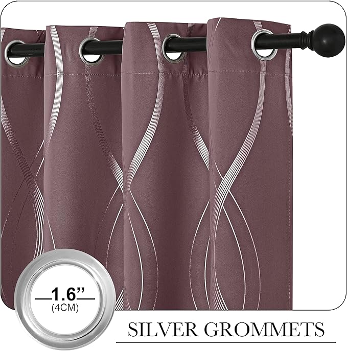 NICETOWN Dry Rose Blackout Curtain Panels 84 for Living Room and Bedroom 2 Panels, 52 x 84, Noise Reducing Thermal Insulated Wave Line Foil Print Design Window Treatments for Patio Sliding Glass Door