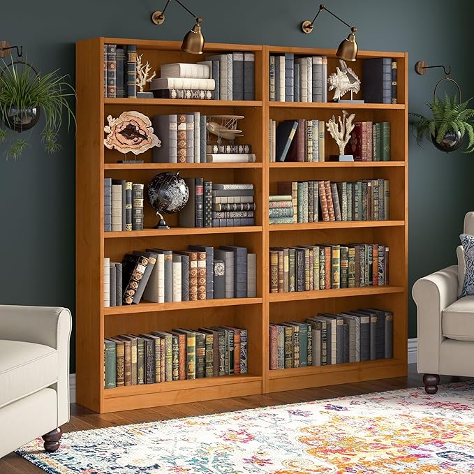 Bush Furniture Universal Tall 5 Shelf Bookcase in Natural Cherry - Set of 2, Matching Storage and Display Bookshelves for Home Office or Living Room Organization
