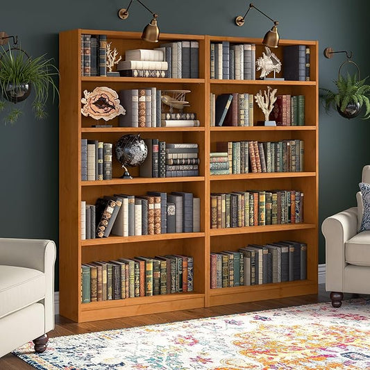 Bush Furniture Universal Tall 5 Shelf Bookcase in Natural Cherry - Set of 2, Matching Storage and Display Bookshelves for Home Office or Living Room Organization