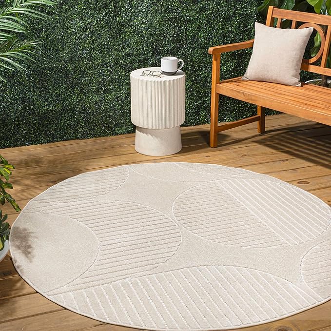 JONATHAN Y Nordby High-Low Arch Striped Ivory/Cream 6' Round Indoor/Outdoor Area Rug, Pet Friendly, Non-Shedding, Stain Resistant, Easy-Cleaning for Backyard, Patio, (SCN104B-6R)