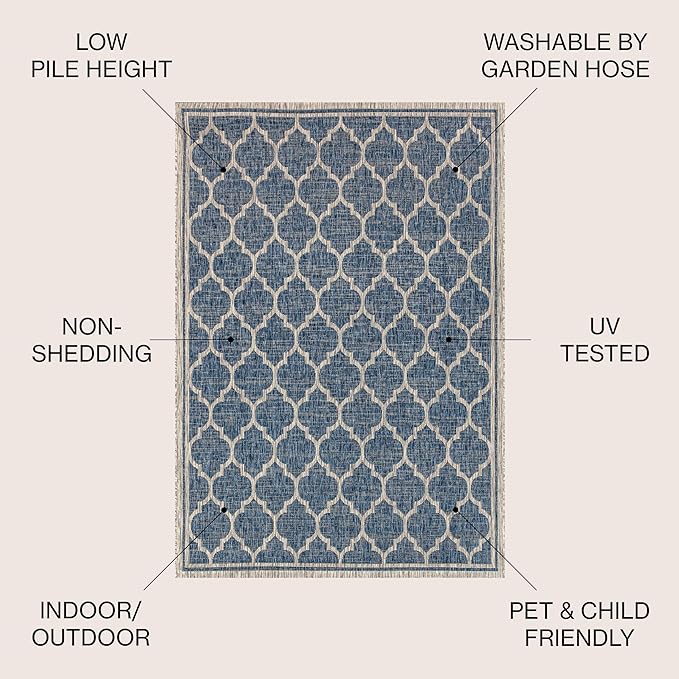 JONATHAN Y Moroccan Trellis Indoor Outdoor Square Area Rug 8X8 Navy/Gray, Trebol Textured Weave for Backyard, Patio, Porch, Easy-Cleaning, High Traffic, Pet-Friendly, Non-Shedding (SMB109D-8SQ)