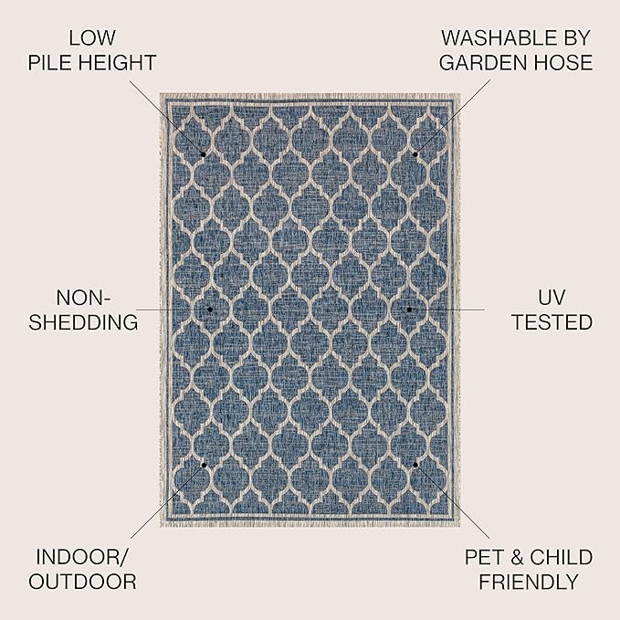 JONATHAN Y Moroccan Trellis Indoor Outdoor Round Area Rug 9 Ft Navy/Gray, Trebol Textured Weave for Backyard, Patio, Porch, Easy-Cleaning, High Traffic, Pet-Friendly, Non-Shedding (SMB109D-9R)
