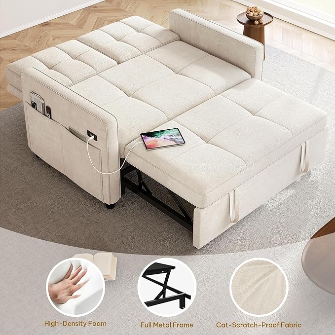 YITAHOME 55" Convertible Sofa Bed, 3-in-1 Sleeper Sofa with Pull-Out Bed, Cat-Scratch-Proof Futon Couch with 5-Levels Reclining Backrest, USB and Side Pocket, Modern Loveseat for Living Room, Beige