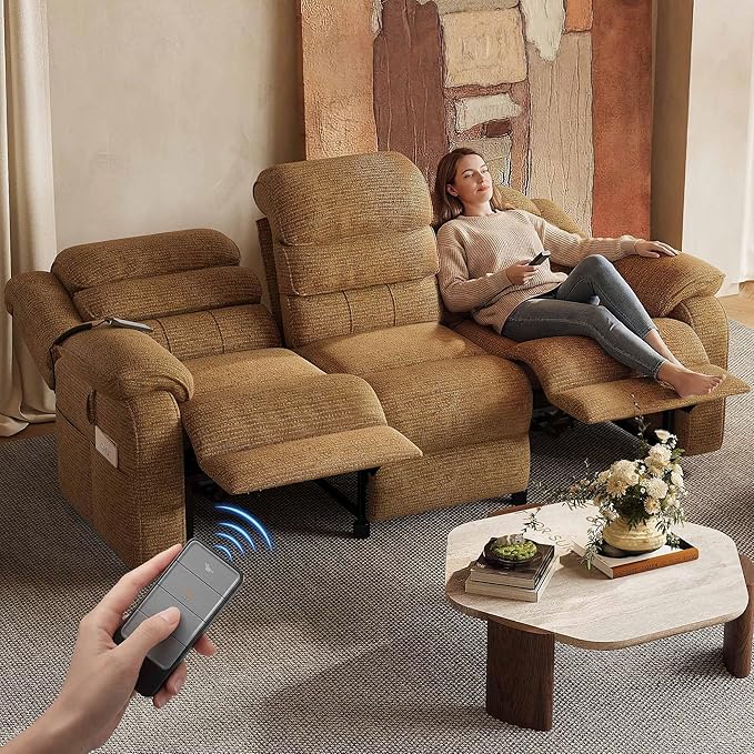 TYBOATLE Power Reclining Sofa, 3 Seater Electric Reclining Sofa with Dual Motors and Remote Control, Chenille Couch w/Side Pockets for Living Room,Game Room, 76.5" Wide (Brown)