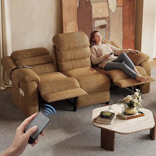 TYBOATLE Power Reclining Sofa, 3 Seater Electric Reclining Sofa with Dual Motors and Remote Control, Chenille Couch w/Side Pockets for Living Room,Game Room, 76.5" Wide (Brown)