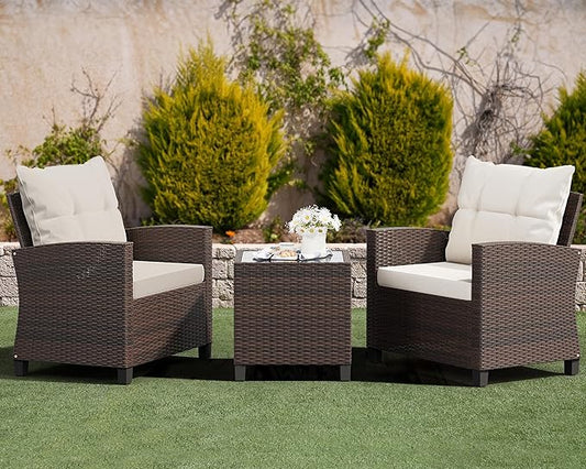Shintenchi 3 Pieces Patio Furniture Set, PE Rattan Wicker 3 Pcs Patio Set, Outdoor Furniture Set with Two Outdoor Chairs and Table, Conversation Set for Garden, Poolside, Balcony, and Porch(Beige)